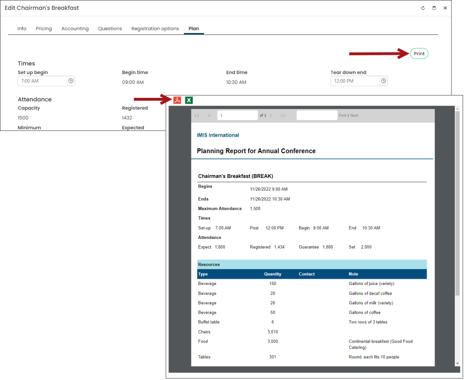 After clicking the print button, you can export the report to PDF or Excel.